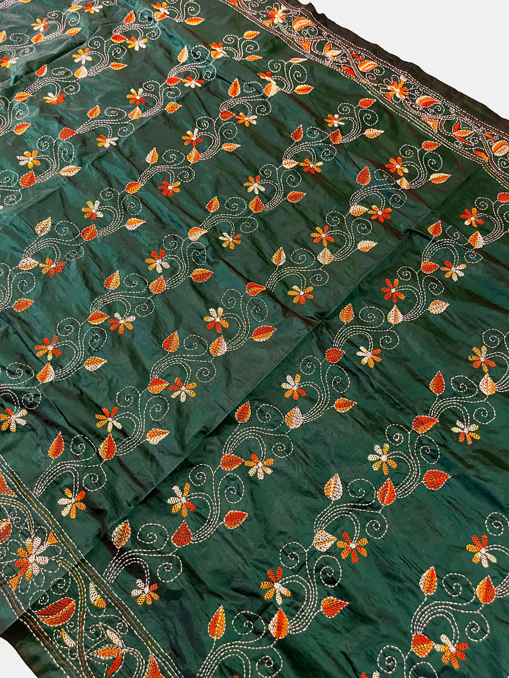 Shantiniketan Hand Embroidery Kantha Stitch Saree - Green