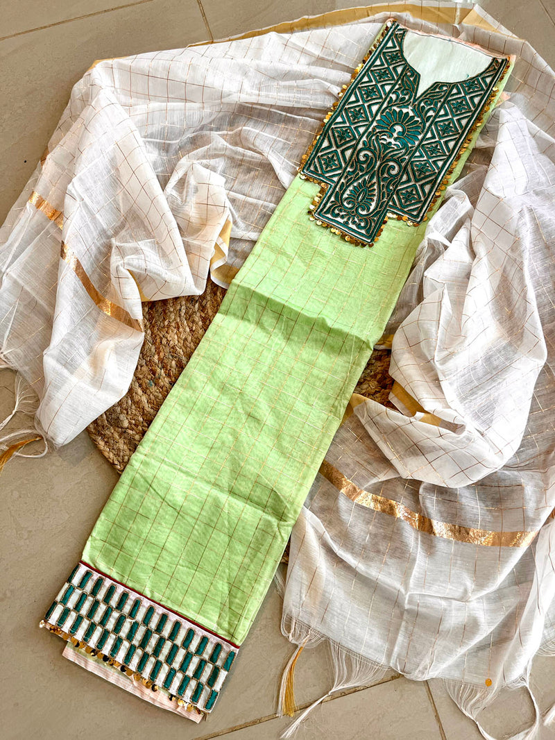 Semi Cotton With Embroidery Suit Piece - Green