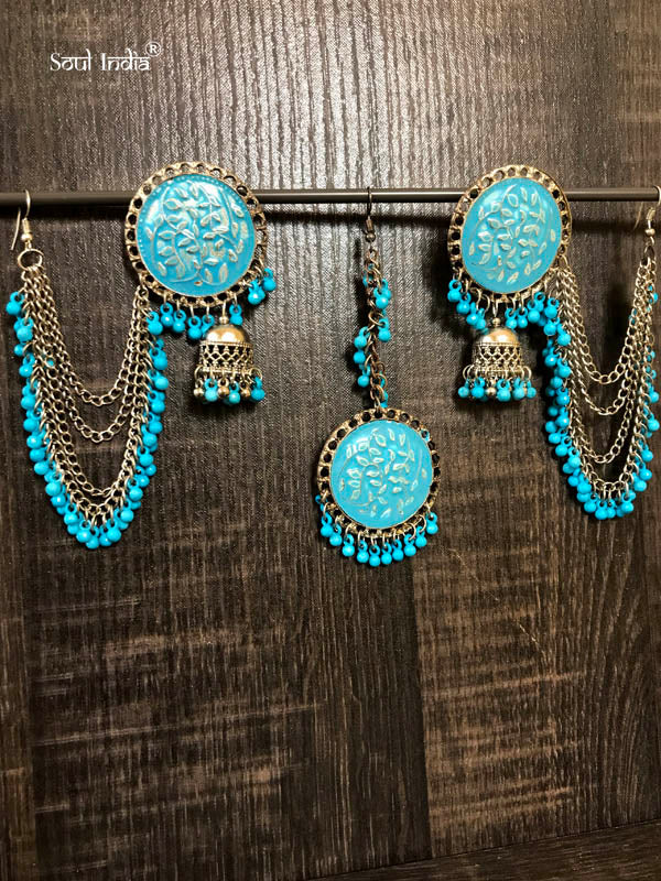 Afghani Metal Earrings With Maangtika - Blue