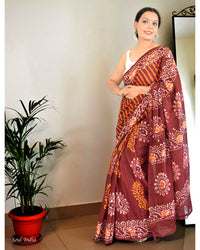 Mulmul Cotton Hand Crack Batik Print Saree - Maroon