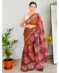 Mulmul Cotton Hand Crack Batik Print Saree - Maroon