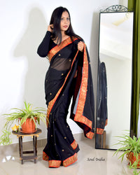 Black Georgette Saree With Zari  & Heavy Zari Blouse Fabric