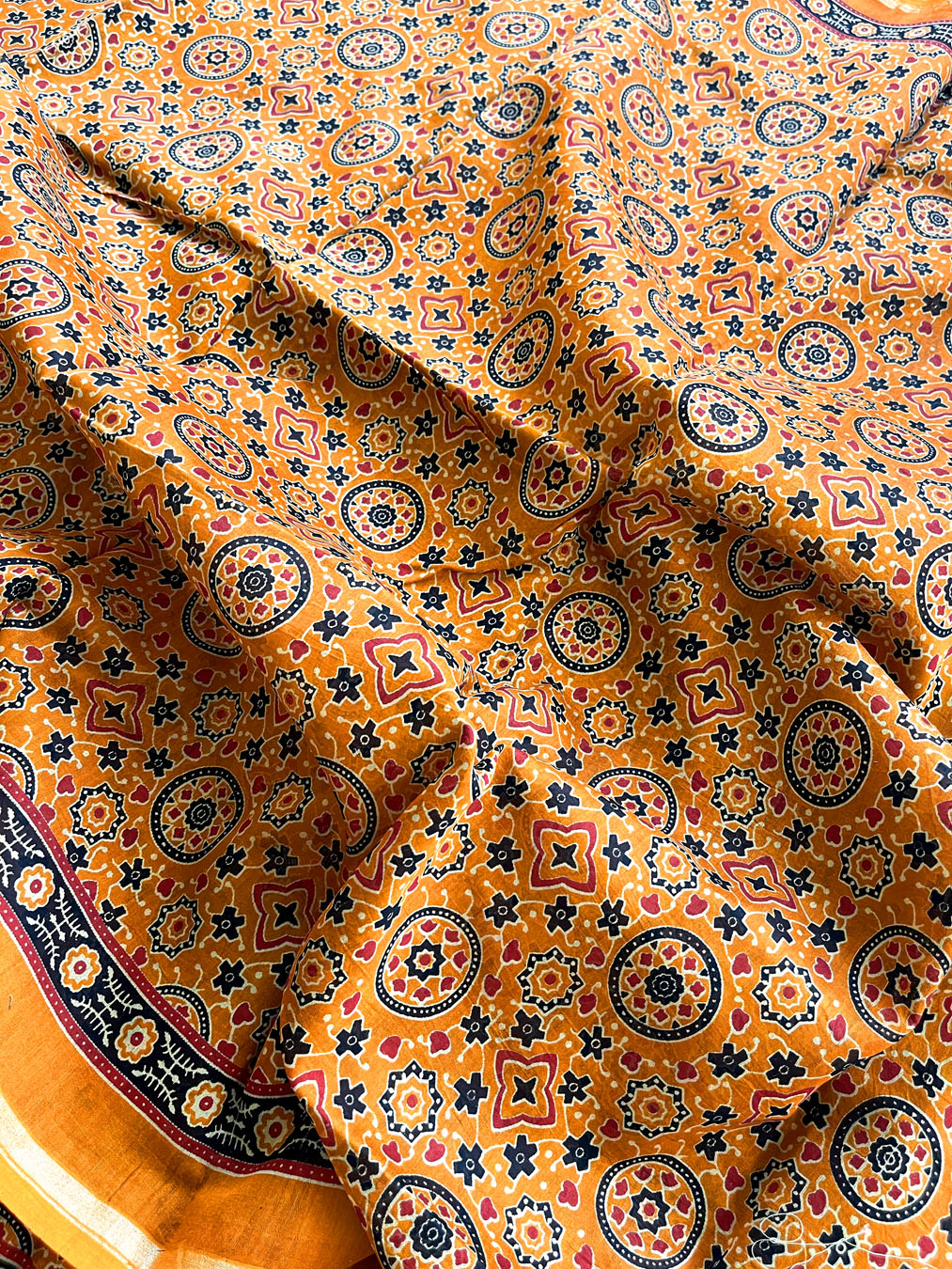 Chanderi Cotton Silk Ajrakh Print Saree - Mustard Yellow