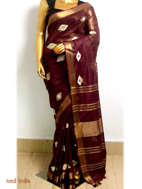 Black Linen Saree With Embroidery & Silver Zari Border