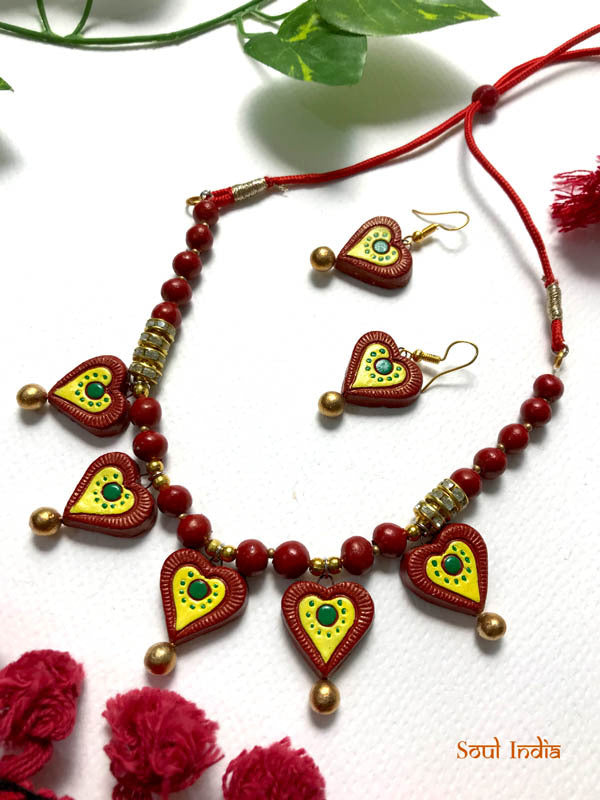 Handmade Terracotta Necklace Set With Jhumka- Red