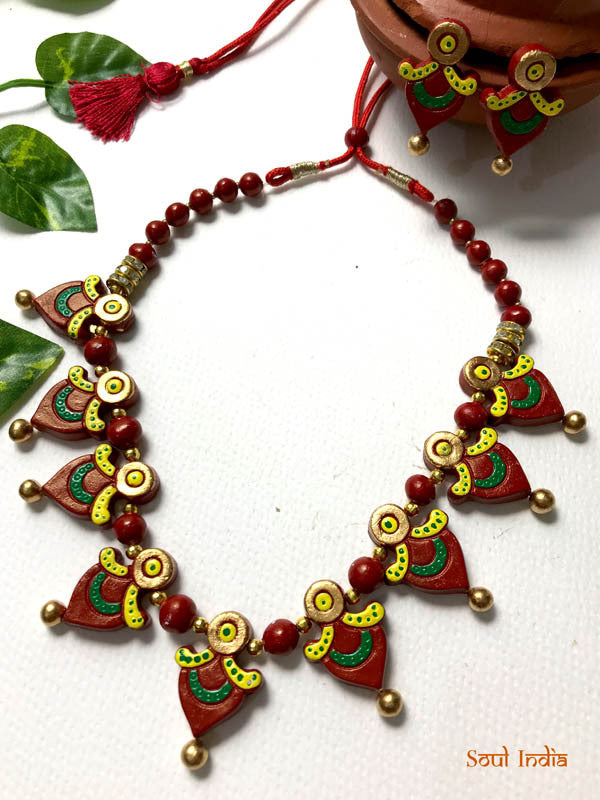 Handmade Terracotta Necklace Set With Jhumka- Red