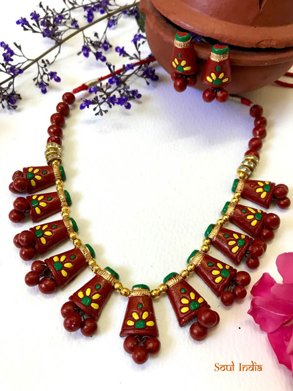 Handmade Terracotta Necklace Set With Jhumka- Red