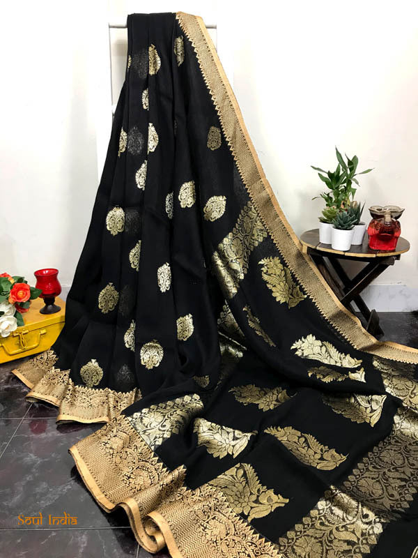 Handloom Linen Banarasi Saree  silver  Zari Work-Black