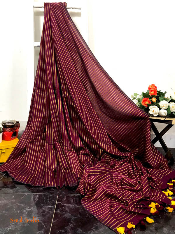 Mulmul Cotton Woven Stripe Saree - Maroon