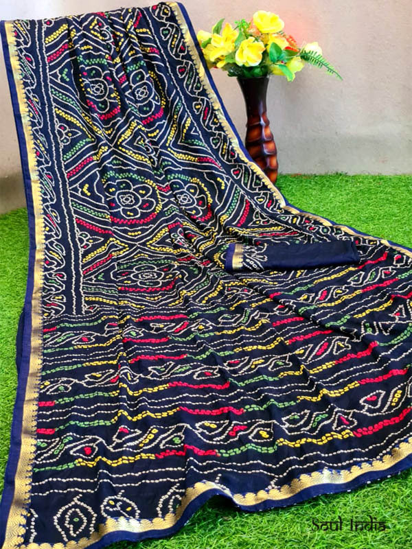 Chiffon Bandhani Saree With Zari Border- Navy Blue