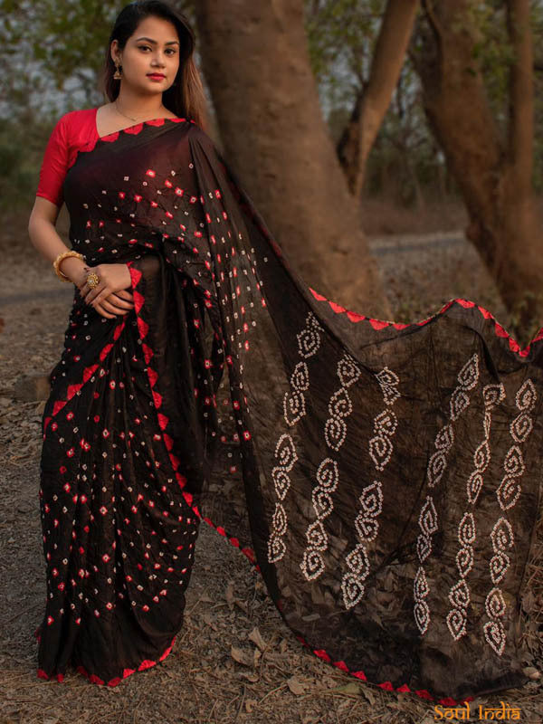 Chiffon Handwork Bandhani Saree - Black