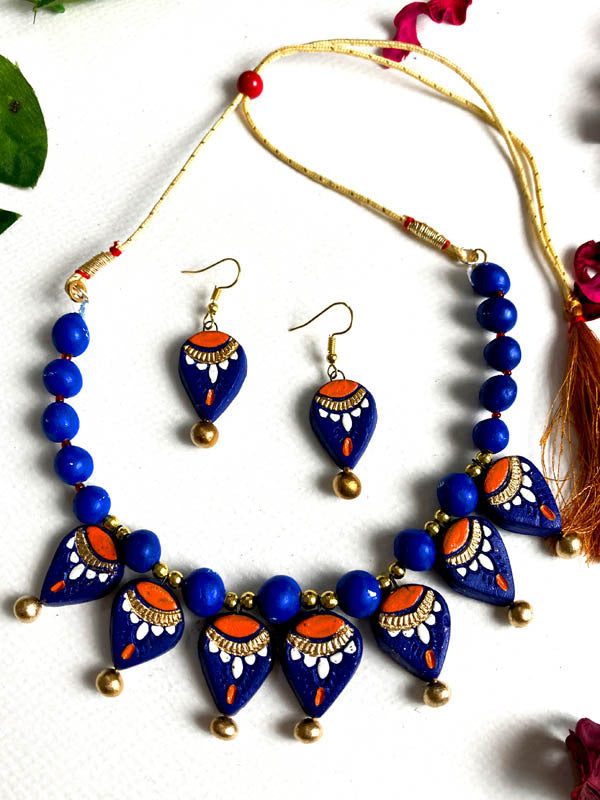 Handmade Terracotta Necklace Set - Blue