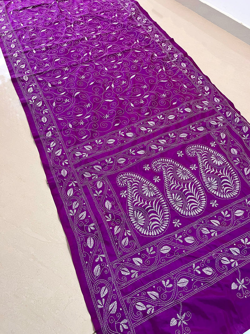 Shantiniketan Hand Embroidery Kantha Stitch Saree - Purple