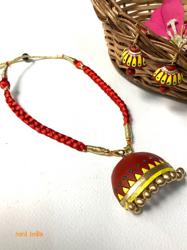 Handmade Terracotta Necklace Set With Earrings - Red