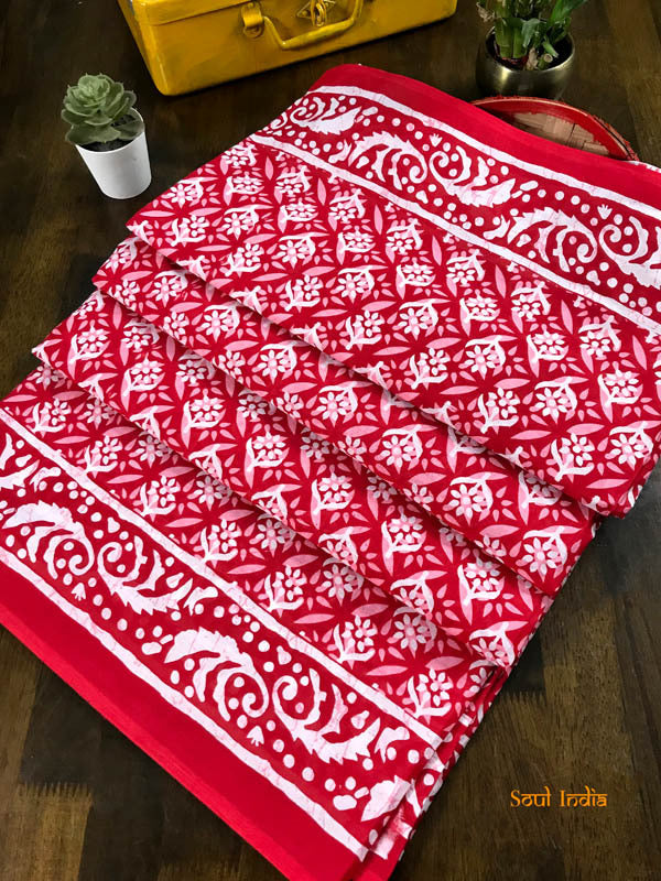 Jaipur Pure Cotton Block Print Saree - Red