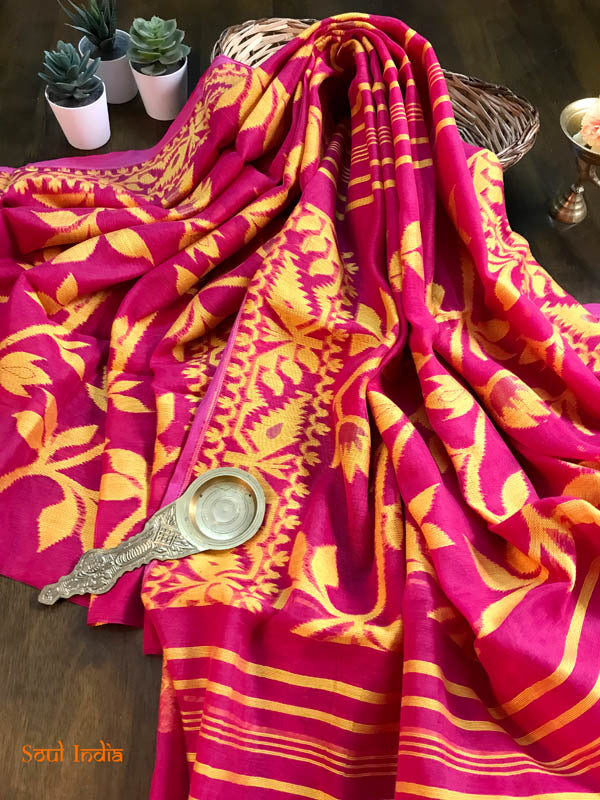 Jamdani Saree with all over Floral work- Pink