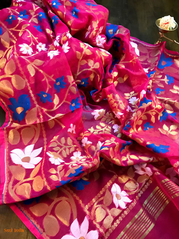 Jamdani Saree with all over Floral work- Rani Pink