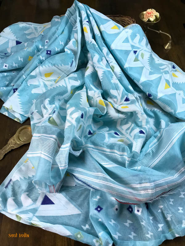 Jamdani Saree with all over Floral work-Sky Blue