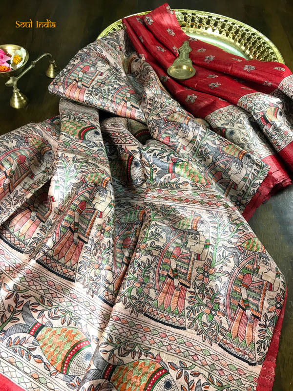 Handwoven Madhubani Print Tussar Silk Saree