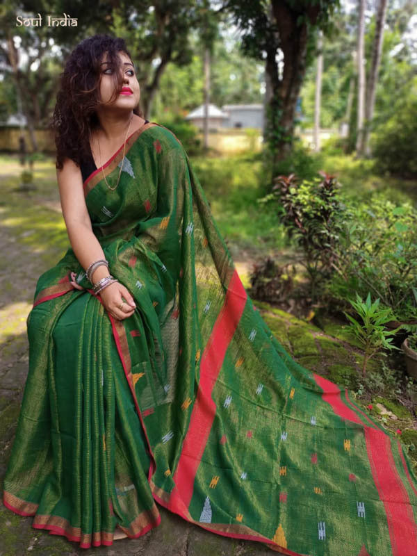 Tissue Cotton Jamdani Saree -Metallic Dark Green