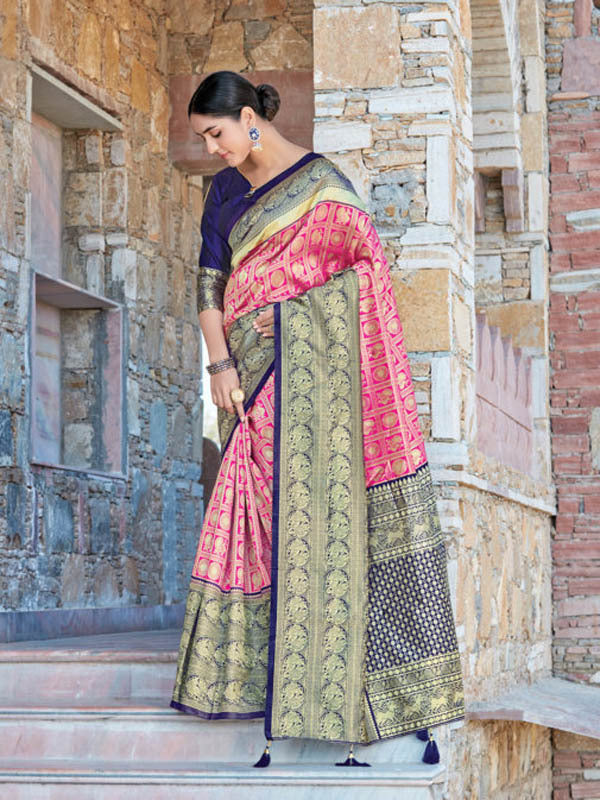 Benarasi Woven Saree -Pink & Blue