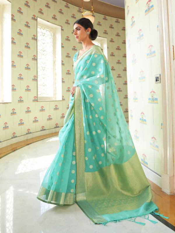 Kerala Cotton Silk Woven Saree-Sea Green