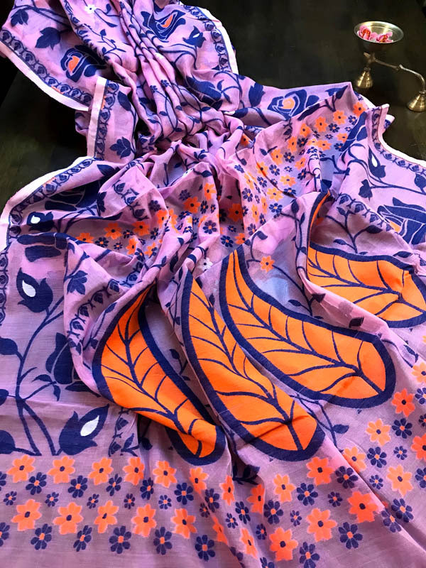 Jamdani Saree with Floral work - Lilac