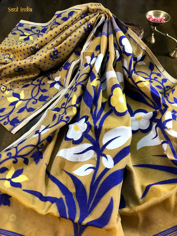 Jamdani Saree with Floral work - Mustard Yellow