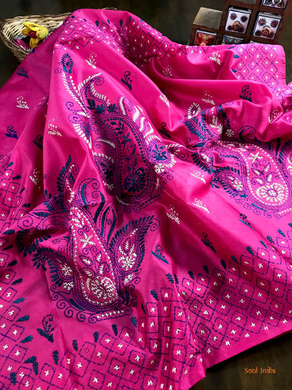 Hand Embroidery Shantiniketan Kantha Stitch-Pink