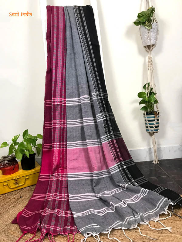 Cotton Begumpuri Handloom Saree - Grey & Pink