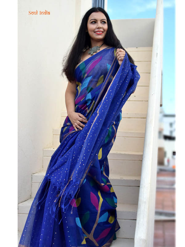 Muslin Jamdani Saree With Handwoven  Floral Work- Blue