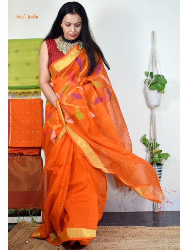 Muslin Jamdani Saree With Handwoven Floral Work-Orange