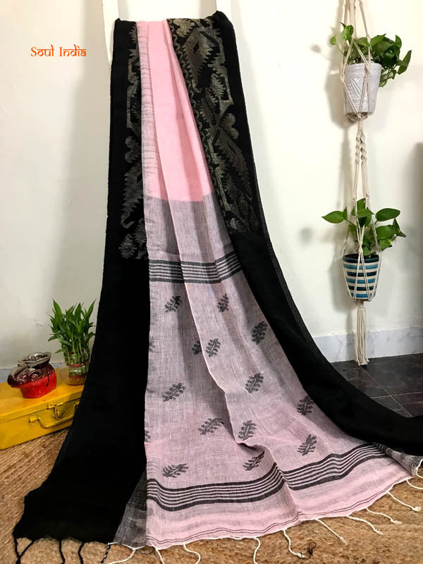 Handloom Pure Organic Linen Ikkat Blend Jamdani-Pink