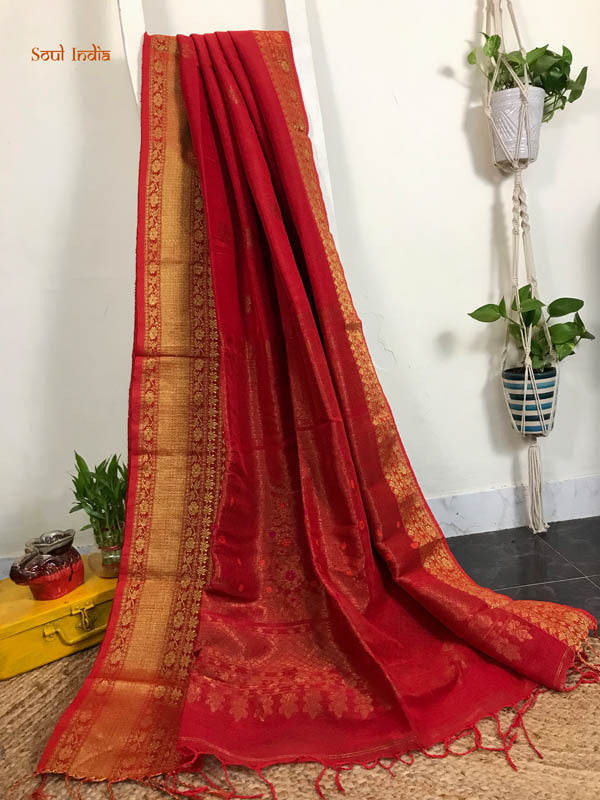 Handloom Linen Banarasi  With Muted Gold Zari Work