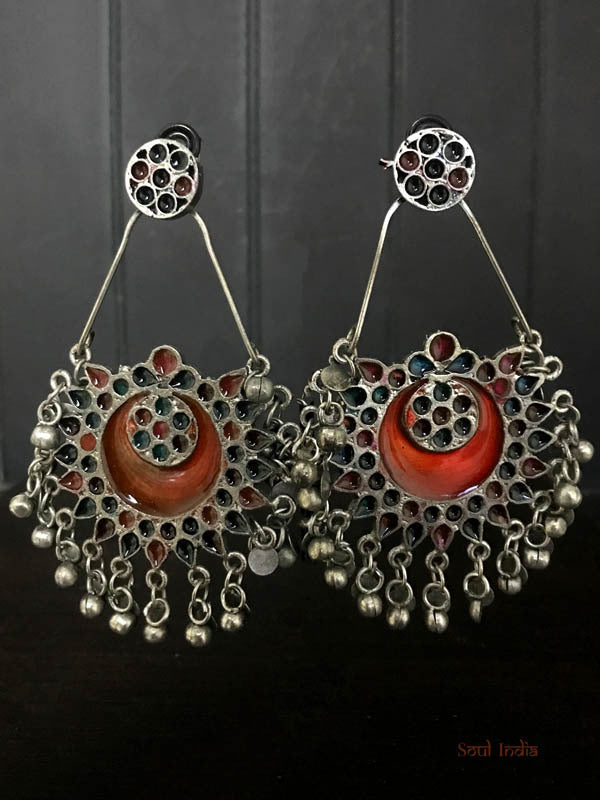 Oxidised Silver polished Meenakari Chandbali