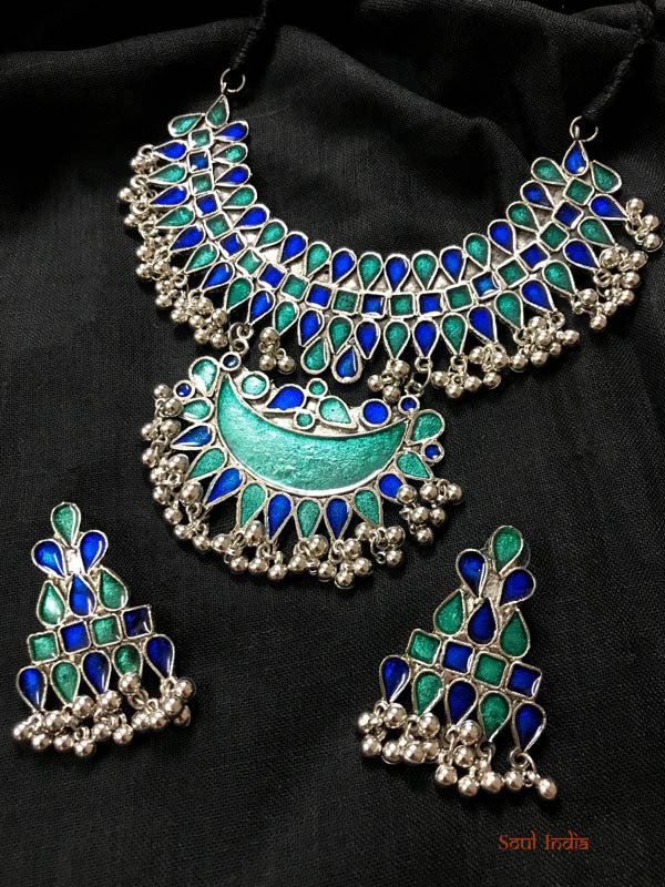 Oxidised Silver Polished Ethnic Rajwadi Necklace set