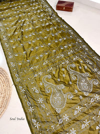 Shantiniketan Hand Embroidery Kantha Stitch Saree - Mehandi Green