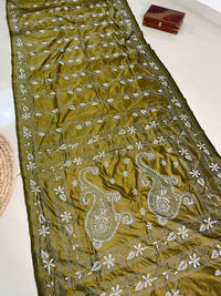 Shantiniketan Hand Embroidery Kantha Stitch Saree - Mehandi Green