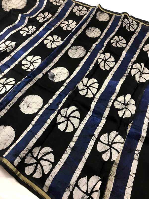 Chanderi Silk Cotton Dabu Print Saree With Batik Work