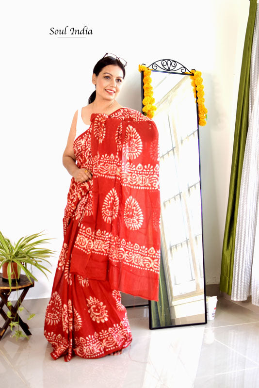 Mulmul Cotton Hand Crack Batik Print Saree