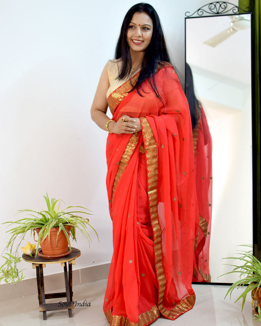 Red Georgette Saree With Zari  Border & Heavy Zari Blouse Fabric