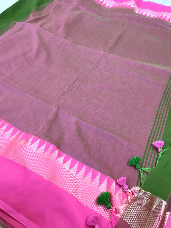 Handloom Khadi Cotton Saree With Woven Border- Green