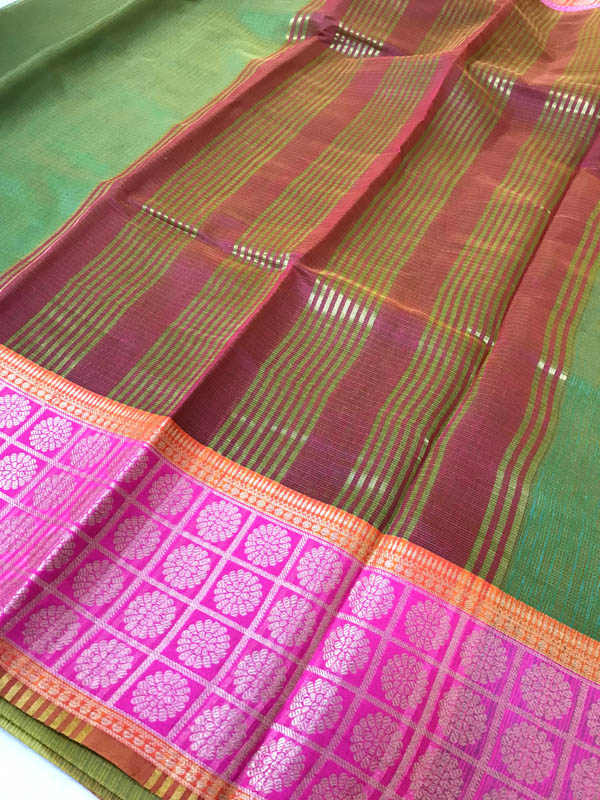 Handloom Kota Doria With Zari Work- Green & Pink