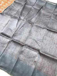 Authentic Bengal Pure Silk Saree- Orange & Grey