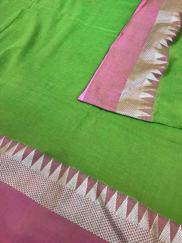 Handloom Khadi Cotton Saree With Woven Border- Green