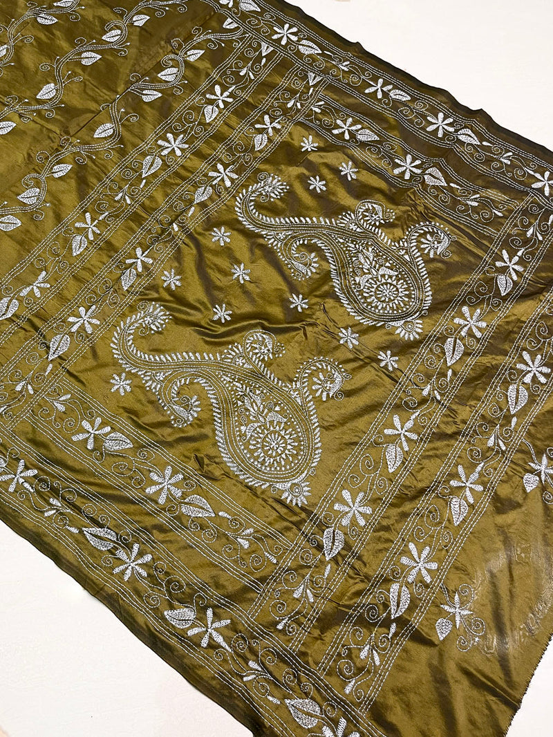 Shantiniketan Hand Embroidery Kantha Stitch Saree - Mehandi Green