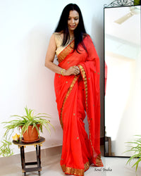 Red Georgette Saree With Zari  Border & Heavy Zari Blouse Fabric