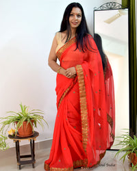 Red Georgette Saree With Zari  Border & Heavy Zari Blouse Fabric