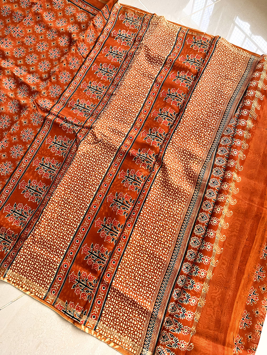 Chanderi Cotton Silk Ajrakh Print Saree - Rust Orange