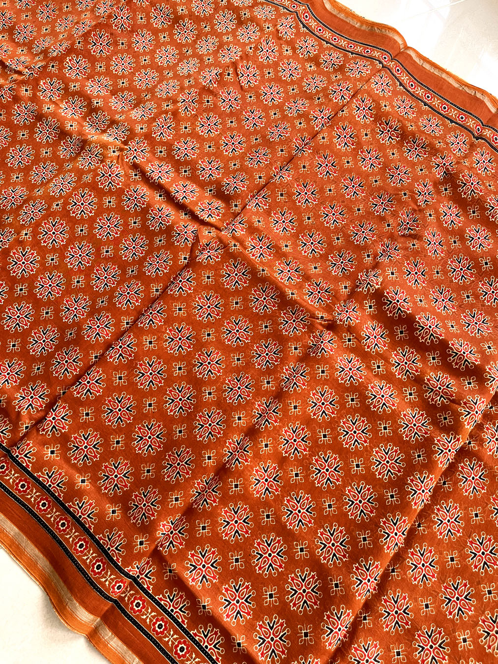 Chanderi Cotton Silk Ajrakh Print Saree - Rust Orange